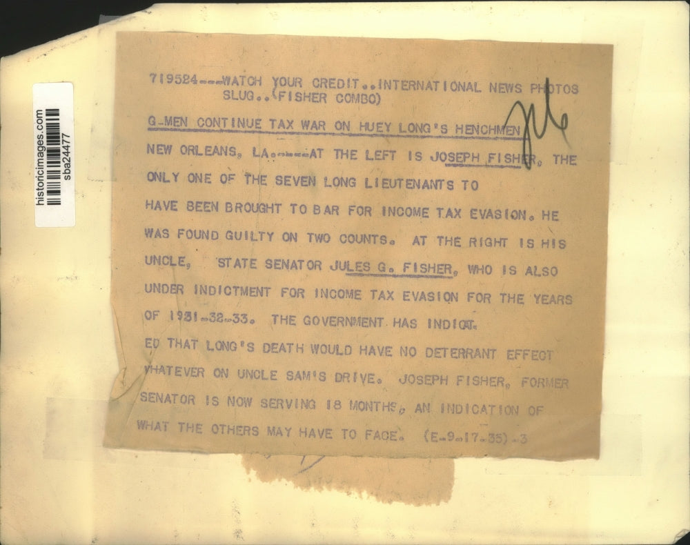 1935 Press Photo Joseph Fisher and uncle Jules Fisher under tax evasion battles