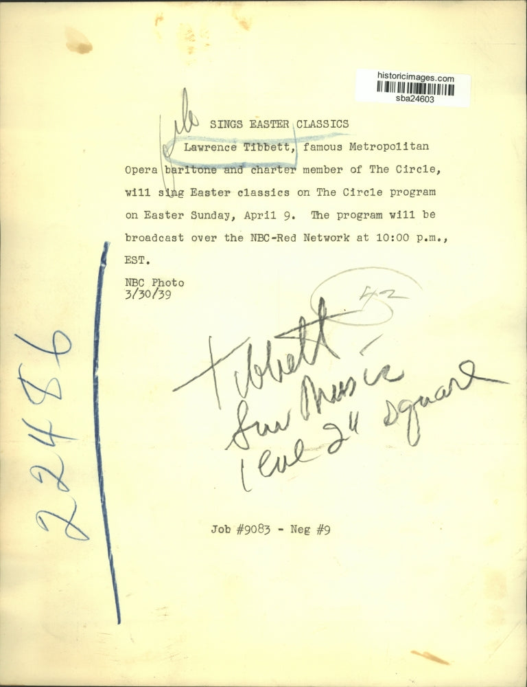 1939 Press Photo Lawrence Tibbett, Opera Baritone sings Easter Classics over NBC