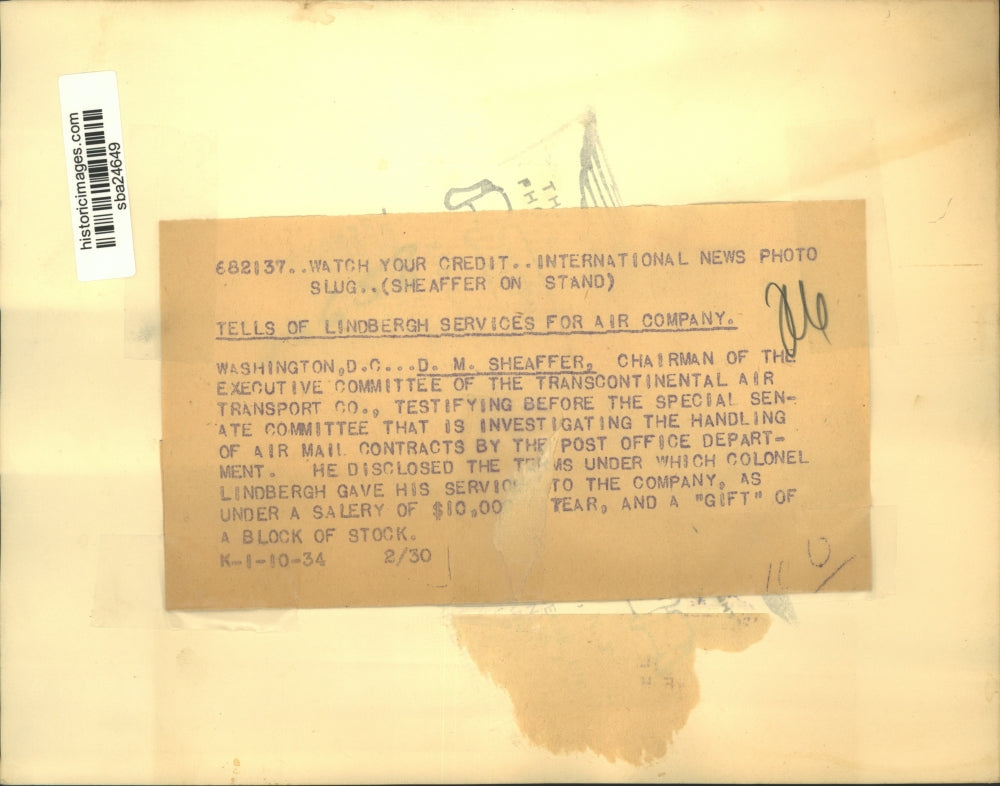 1934 Press Photo D.M. Sheaffer testify in Lindberg Services for Air Company