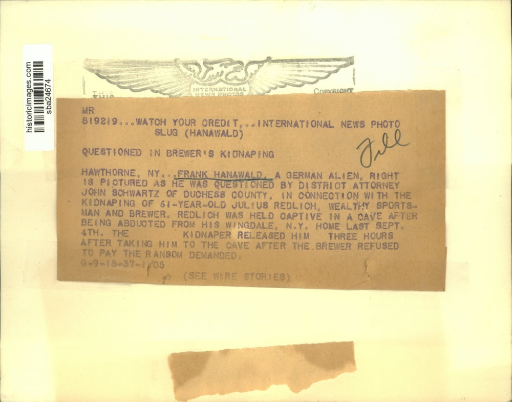 1937 Press Photo District Atty. John Schwartz questioning Frank Hanawald