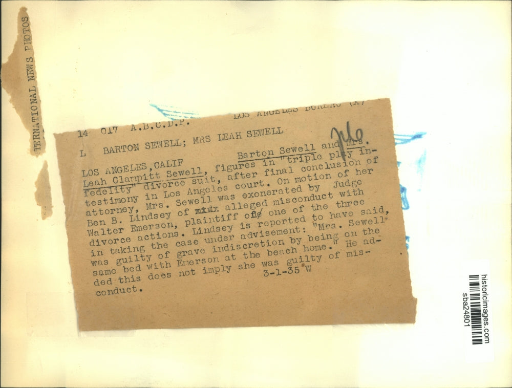 1935 Press Photo Barton Sewell & Mrs Leah Clampitt Sewell in divorce suit