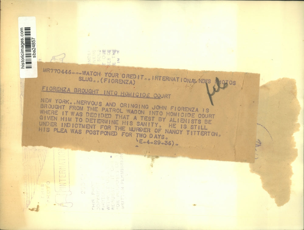 1936 Press Photo John Fiorenza handcuffed to a sheriff brought to homicide court