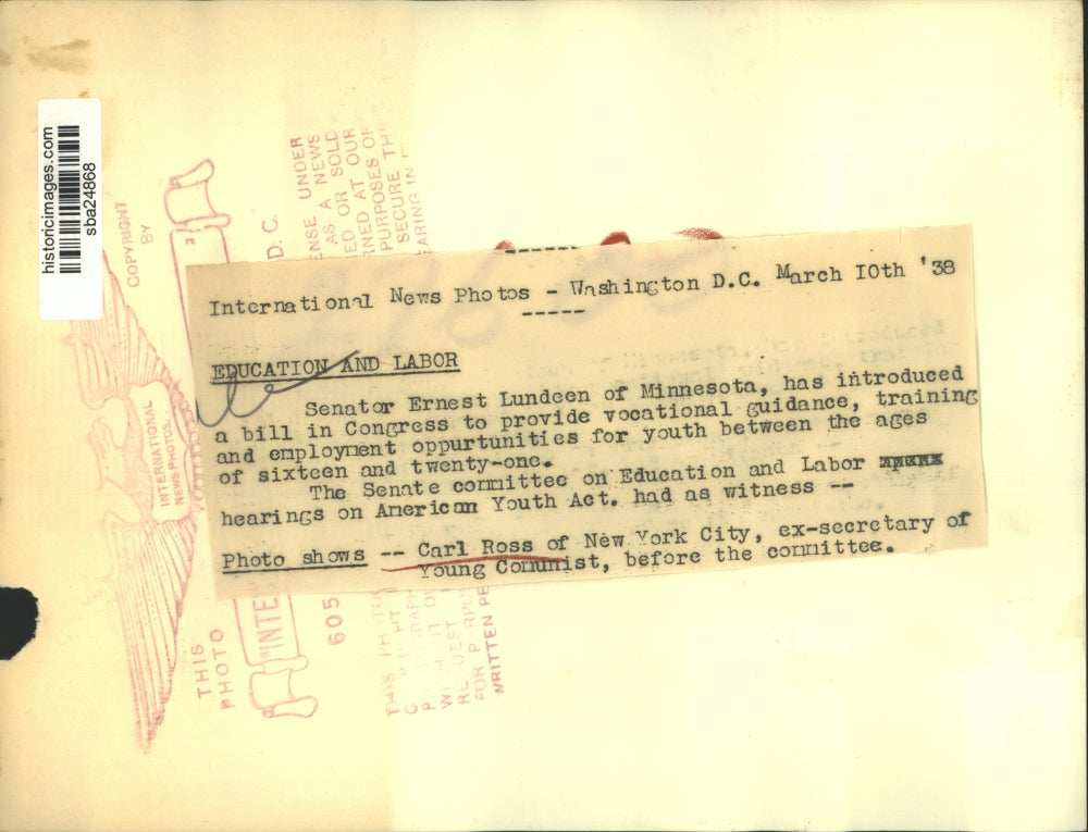 1938 Press Photo Carl Ross appears before Senate Committee on Education hearings