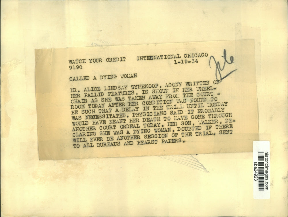 1934 Press Photo Dr.Alice Lindsay Wynekoop taken away from Court Room