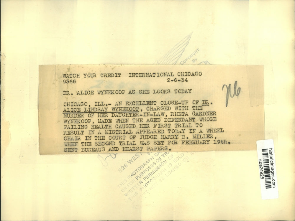 1934 Press Photo Dr.Alice Lindsay Wynekoop charge with murder of daughter-in-law