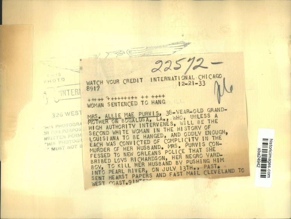 1933 Press Photo Mrs. Allie Mae Purvis Convicted for Murdering Husband