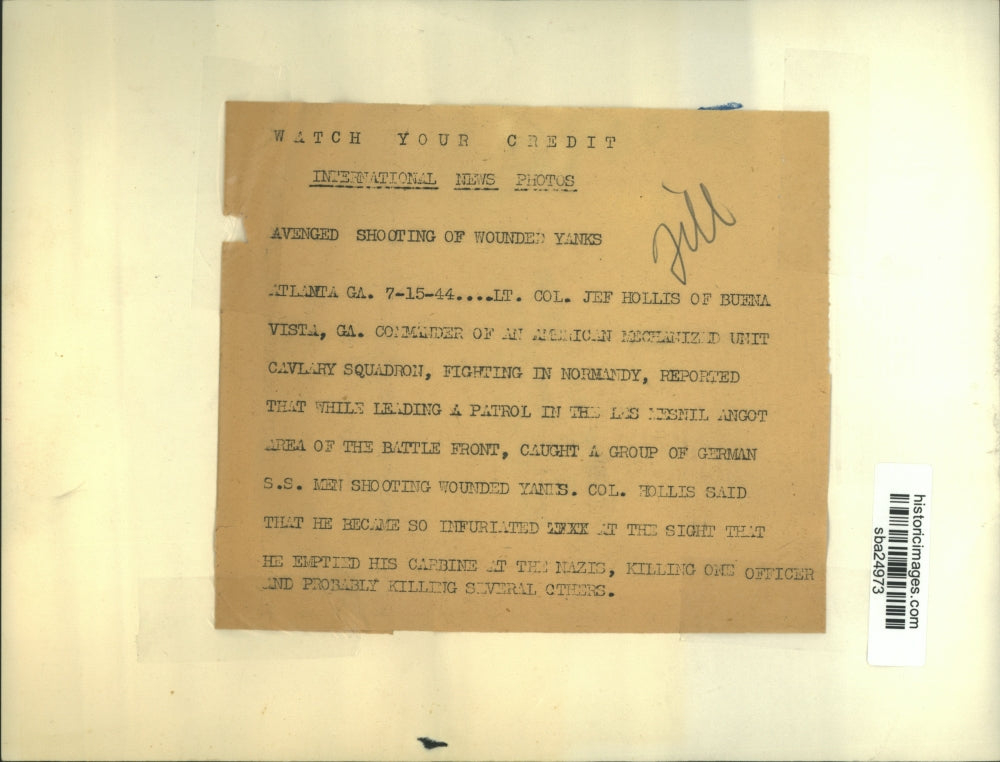 1944 Press Photo Jef Hollis avenged shooting of wounded American soldiers