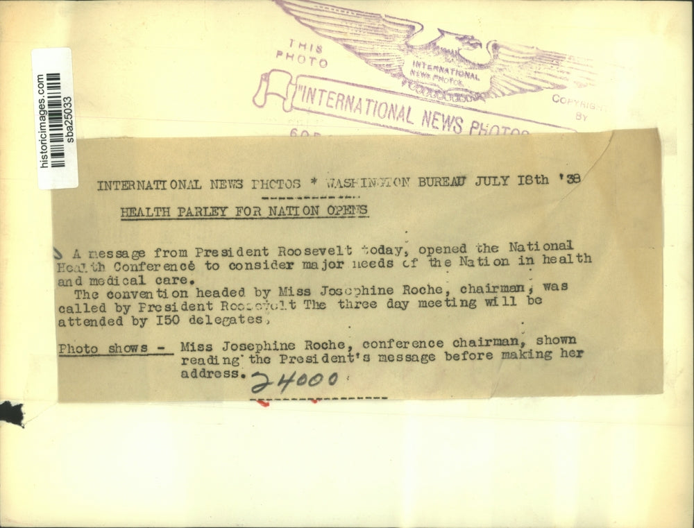 1938 Press Photo Miss Josephine Roche heads the National Health Conference