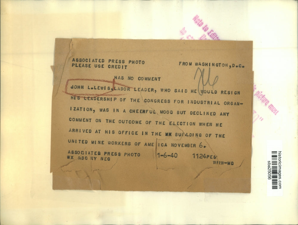 1940 Press Photo Labor Leader John Lewis Arrives At His Office In Washington DC