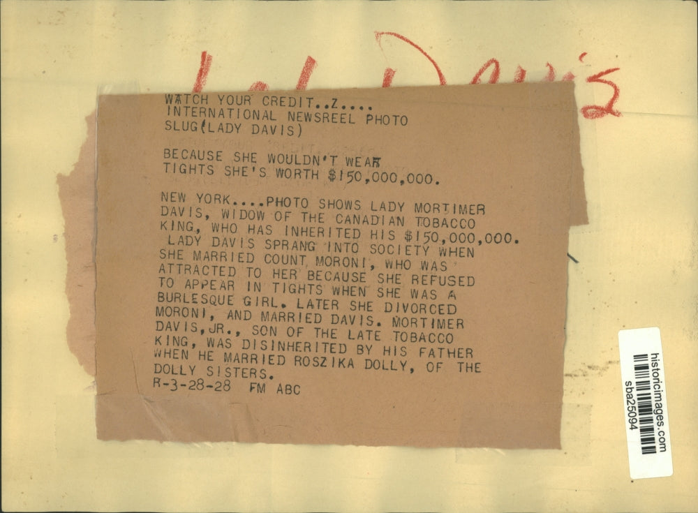 1928 Press Photo Lady Mortimer Davis inherits fortune from Canadian Tobacco King