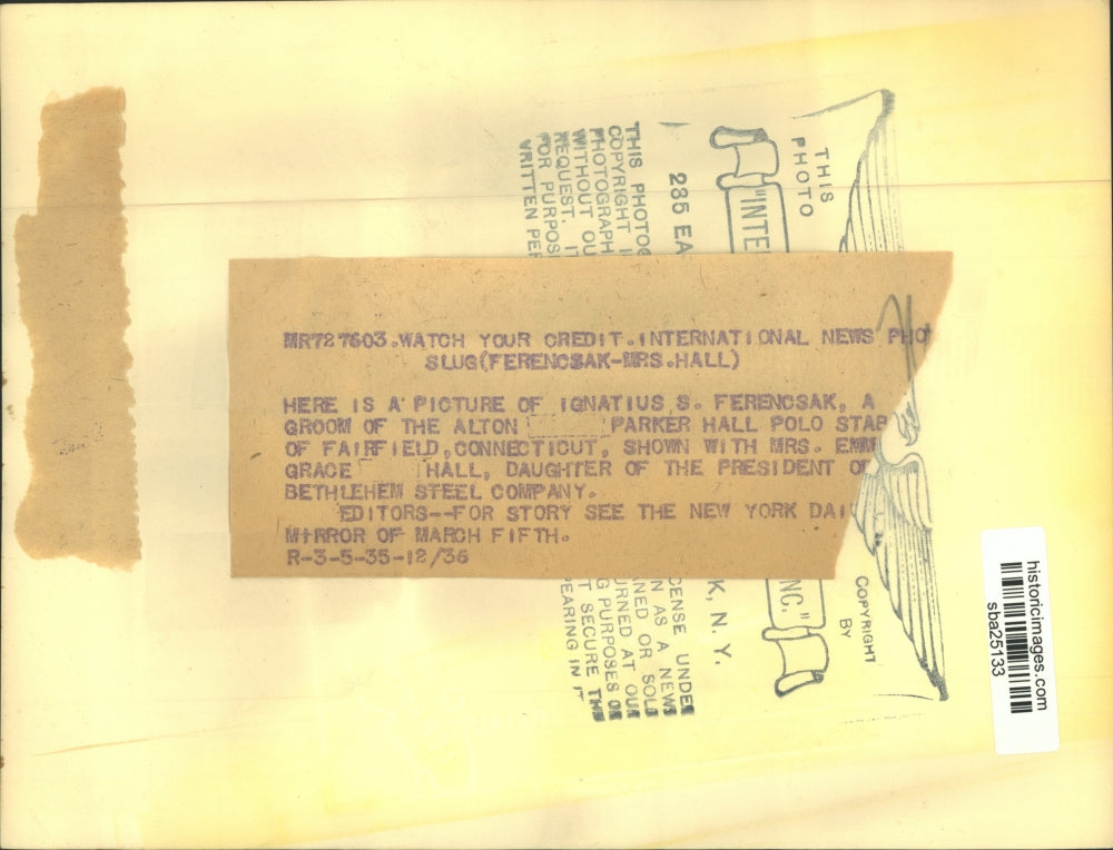 1935 Press Photo Ignatius Ferencsak and Bethlehem Steel Heiress Mrs.Emma Hall