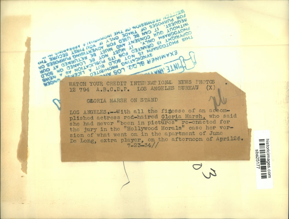 1934 Press Photo Gloria Marsh on witness stand at Hollywood Morals case