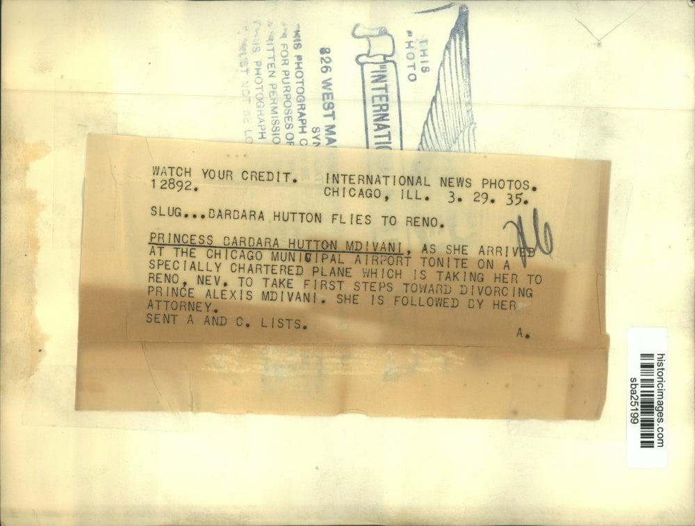 1935 Press Photo Princess Barbara Hutton Mdivani arrives in Chicago - sba25199