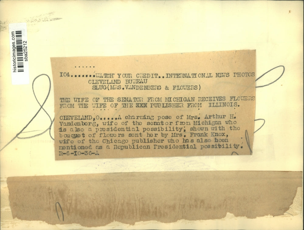 1936 Press Photo Mrs Arthur H Vandenberg, Wife of Michigan Senator