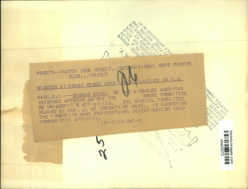 1934 Press Photo Thomas Kirby of Disable American Vets Appears Before House Comm