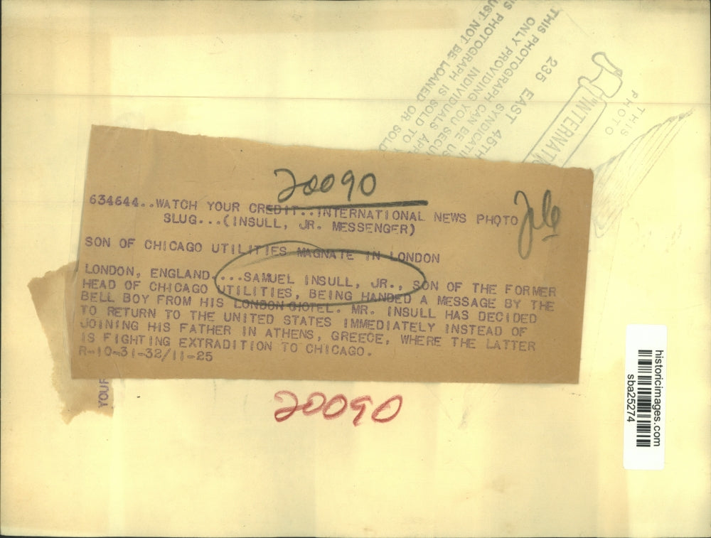 1932 Press Photo Samuel Insull Jr Returns to U.S. Instead of Joining Father