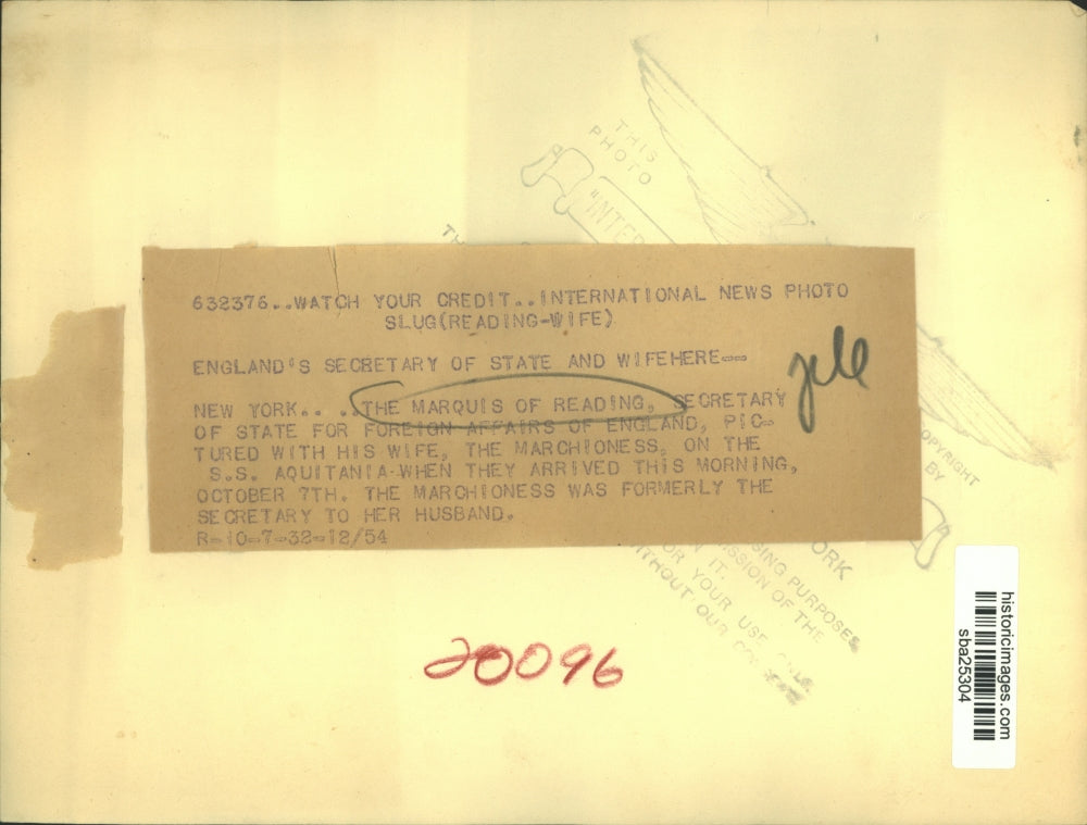 1932 Press Photo The Marquis of Reading English Secy of State & his wife