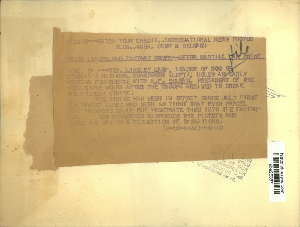 1934 Press Photo Troop head Lindley Camp and Rome Stove Works head A. Selman