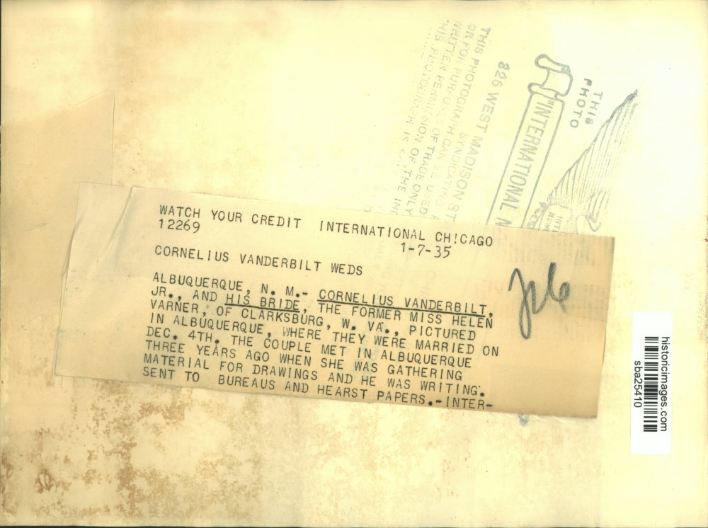 1935 Press Photo Cornelius Vanderbilt marries Helen Varner in Albuquerque