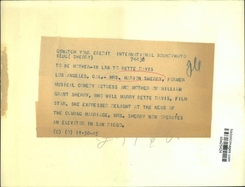 1945 Press Photo Mrs. Marion Sherry-mother of William who will marry Bette Davis