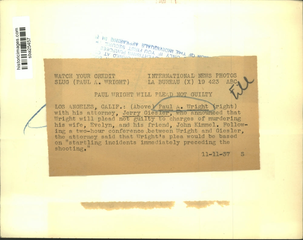 1937 Press Photo Paul A Wright Will Plead Not Guilty to Murder Charges