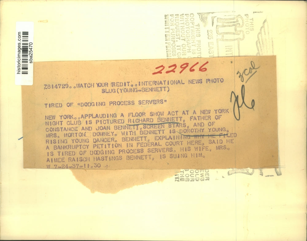 1937 Press Photo Actor Richard Bennnett with Dorothy Young at N.Y Night Club