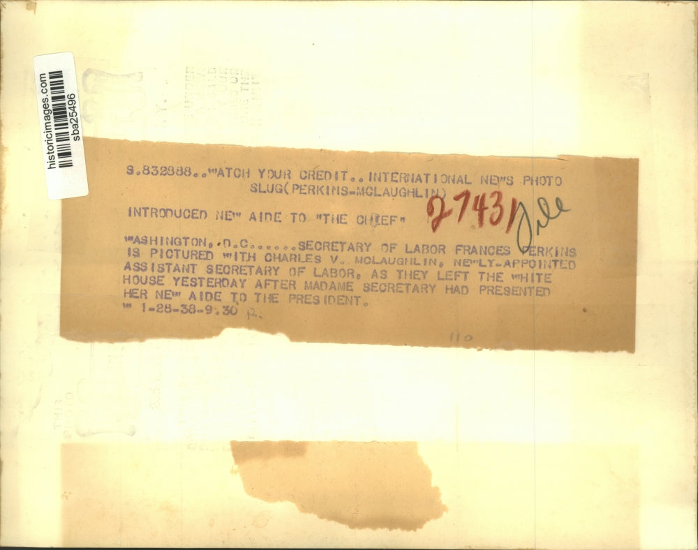 1938 Press Photo Frances Perkins Introduces Assistant Secretary to President