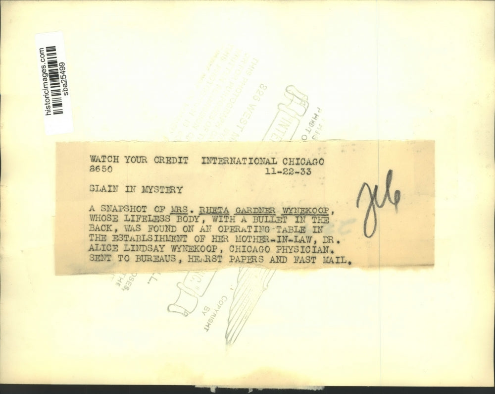 1933 Press Photo Rheta G Wynekoop Whose Lifeless Body Found on Operating Table