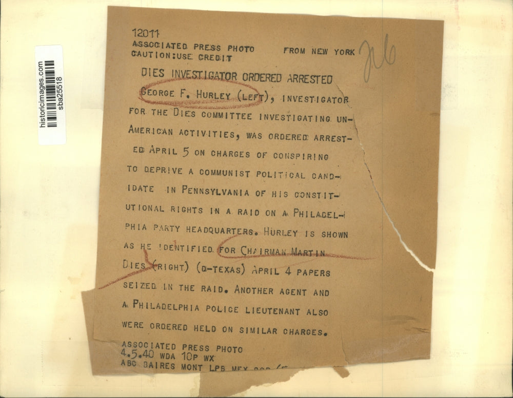 1940 Press Photo Dies Committee Investigator George Hurley ordered arrested