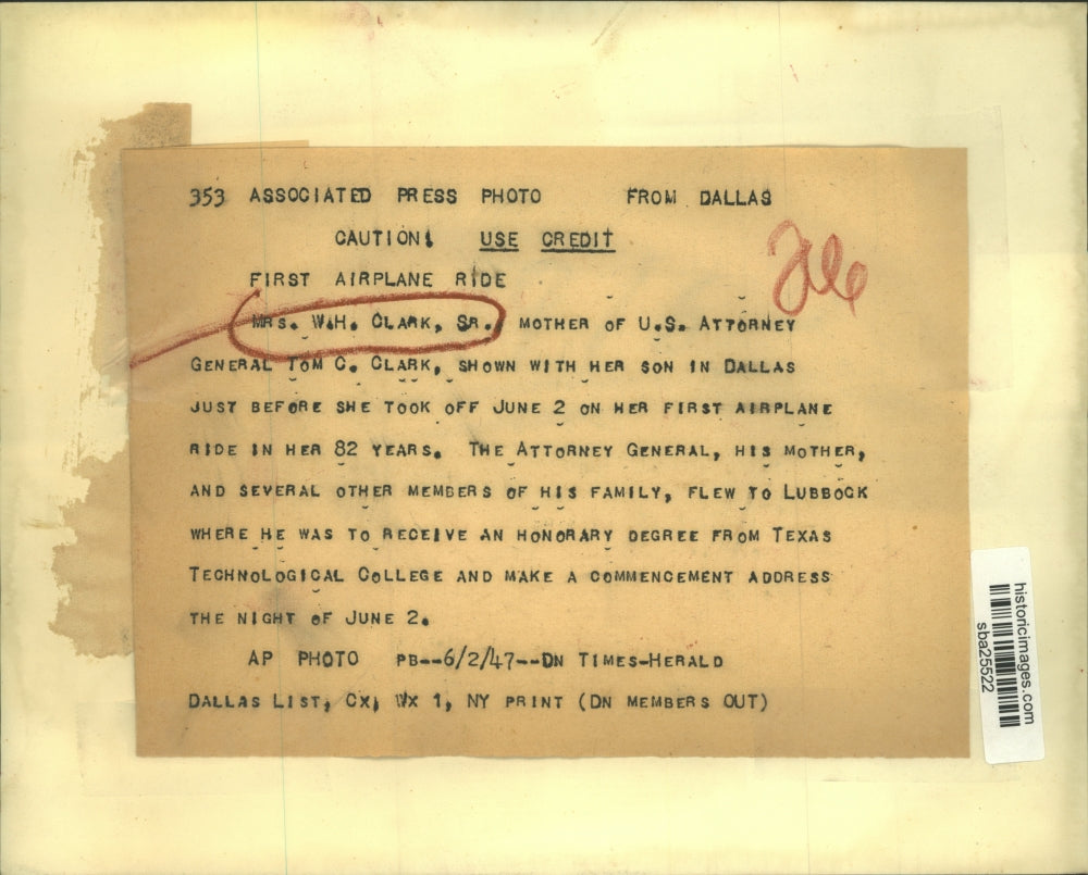 1947 Press Photo Mrs WH Clark mother of US Attorney General Tom Clark