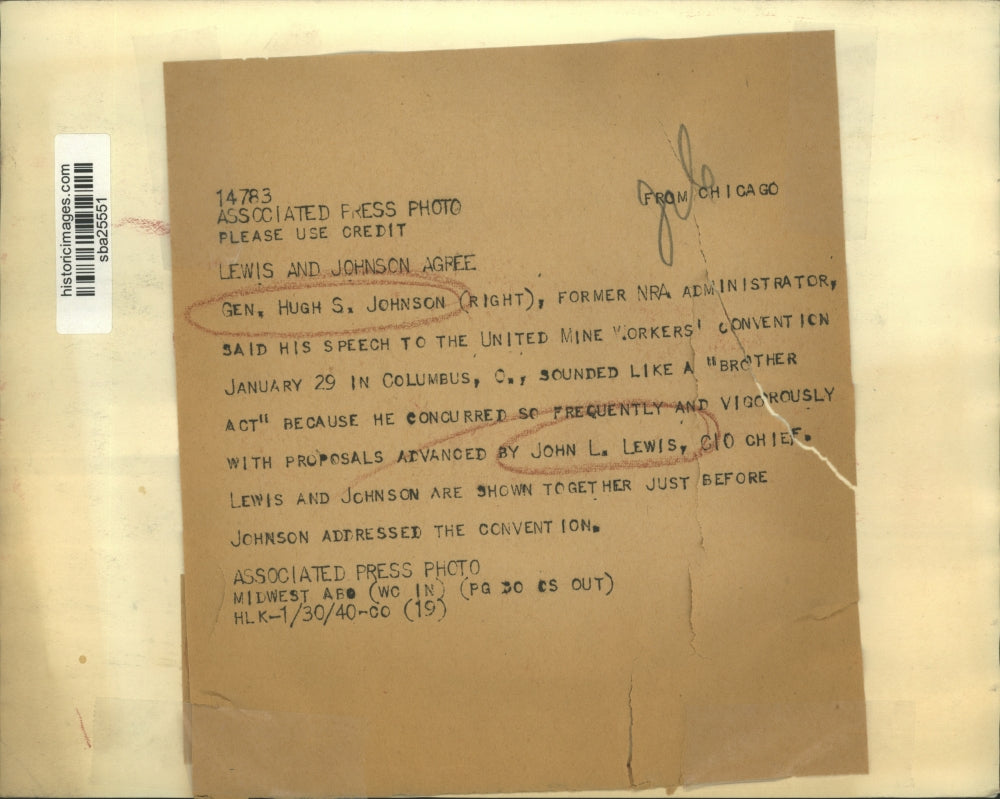 1940 Press Photo Hugh Johnson and John Lewis at United Mine Workers Convention