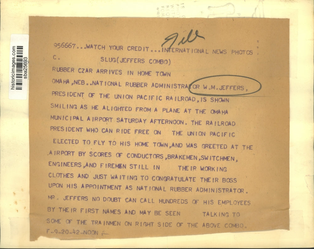 1942 Press Photo WM Jeffers of Union Pacific RR arrives in Omaha NB - sba25693