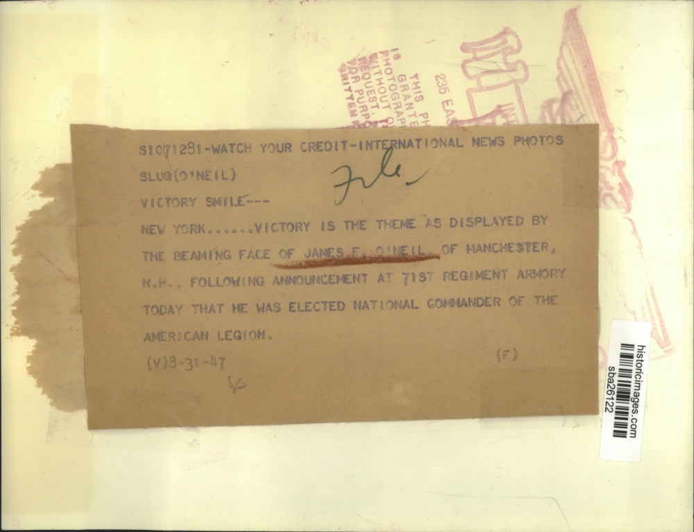 1947 Press Photo James F O'Neil National commander American Legion - sba26122