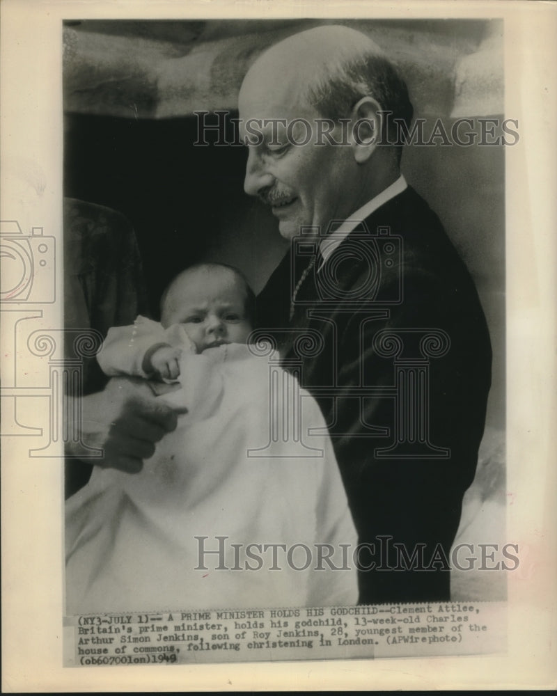 1949 Press Photo Prime Minister Clement Attlee holds godchild Charles Jenkins