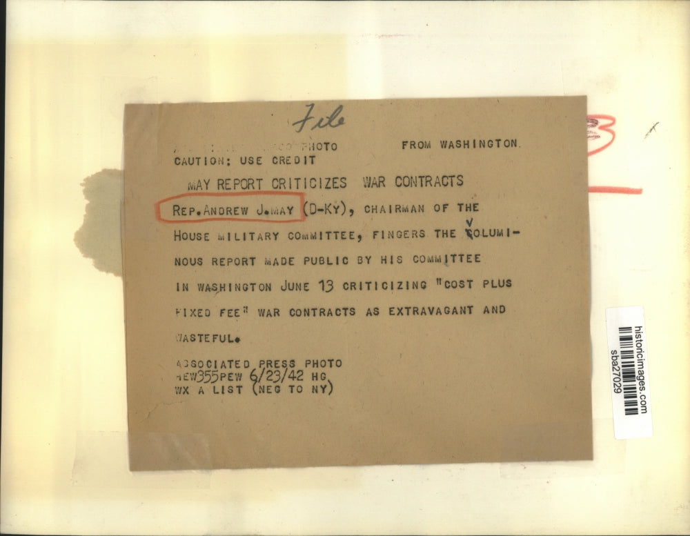 1942 Press Photo Representative Andrew J. May criticizes "Cost Plus Fixed Fee"