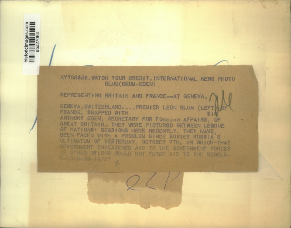 1936 Press Photo Leon Blum & Anthony Eden Shown Between League of Nation Session