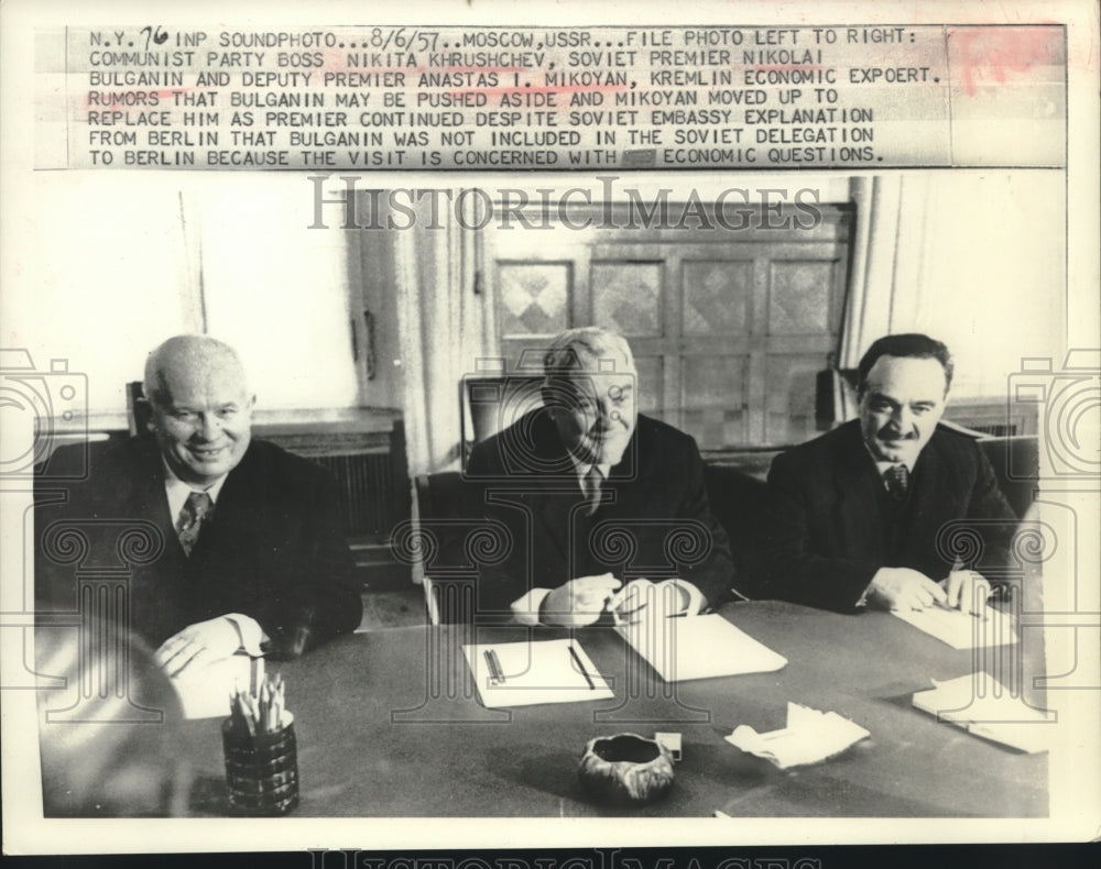 1957 Press Photo Russian Leaders Nikita Khrushchev, Nikolai Bulganin and Mikoyan