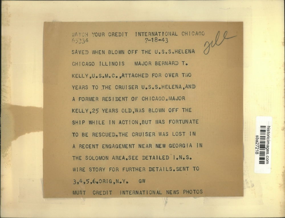 1943 Press Photo Maj.Gen. Bernard T. Kelly saved when blow off the USS Helena
