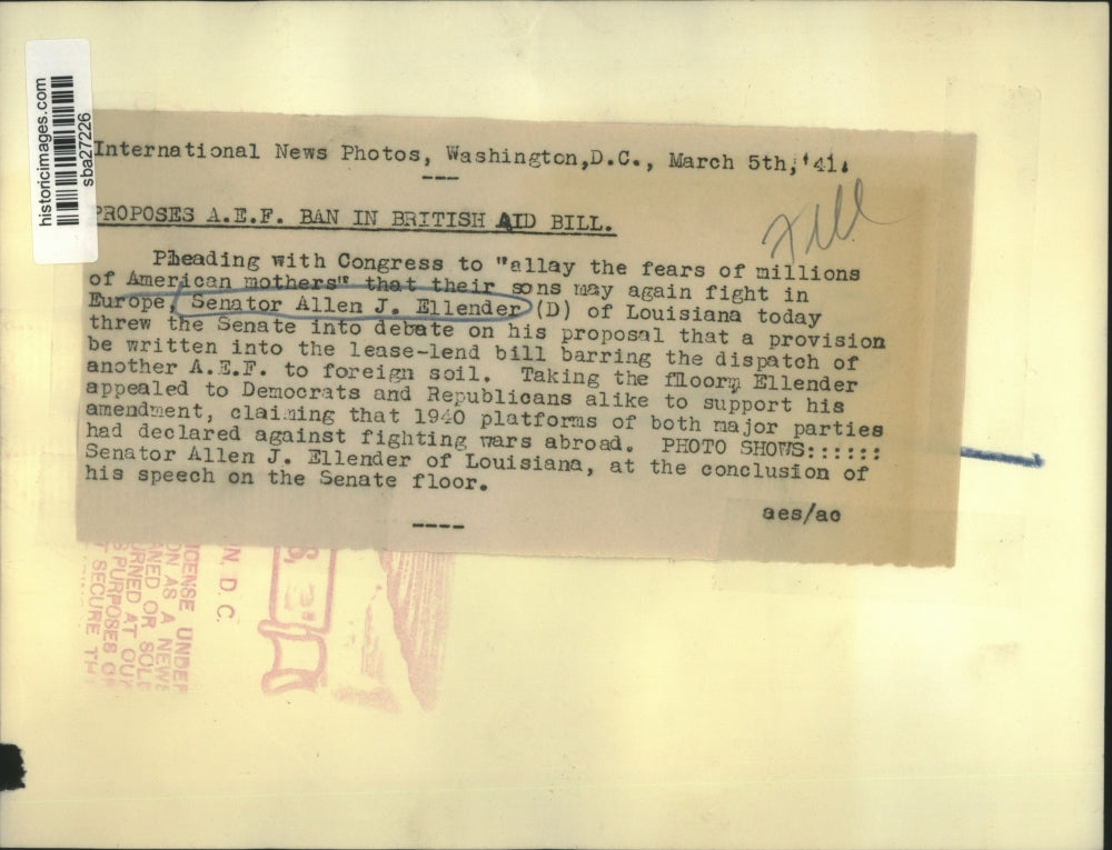 1941 Press Photo Senator Allen Ellender proposes ban in British Aid Bill