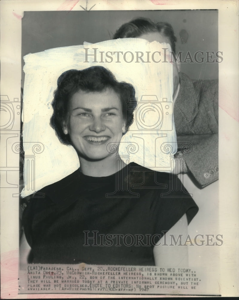 1947 Press Photo Anita Drew McCormick Rockefeller heiress weds Linus Pauling Jr