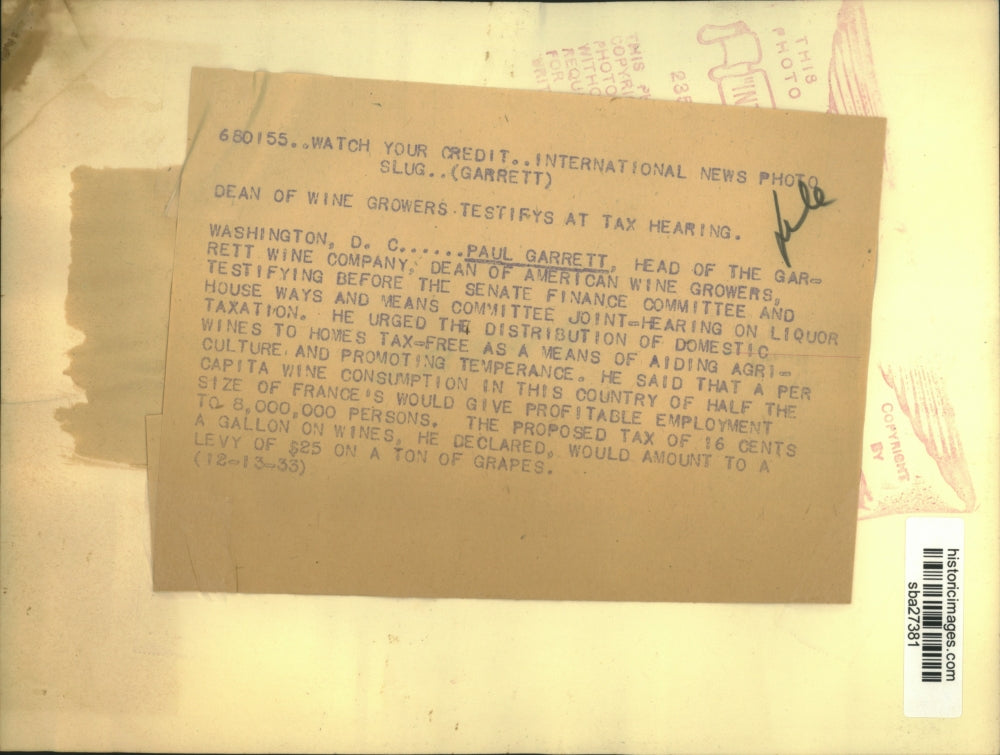 1933 Press Photo Paul Garrett testifies before Senate Finance Committee