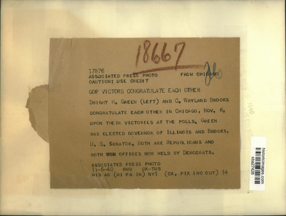 1940 Press Photo Illinois Candidates Dwight Green & C Wayland Brooks celebrate