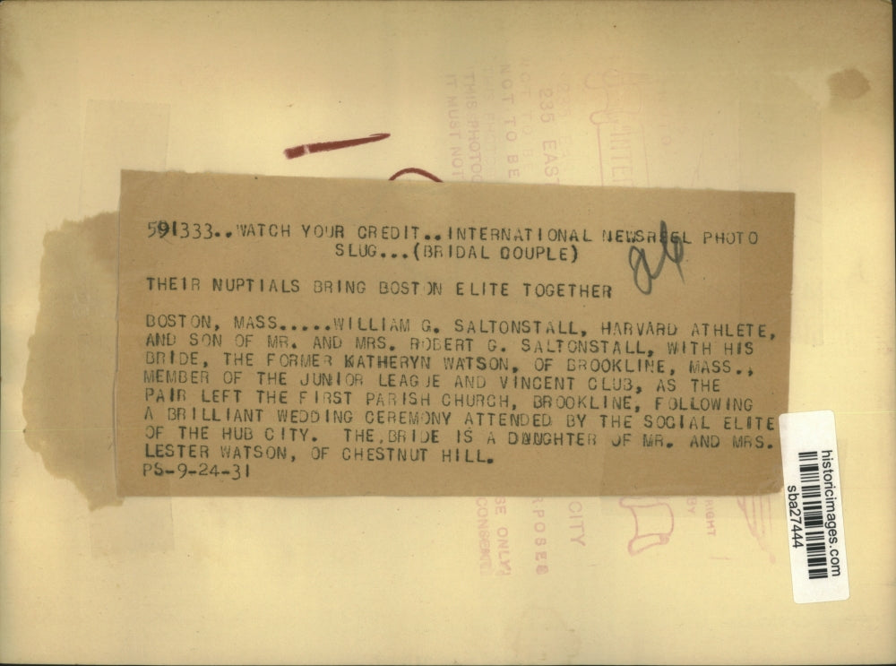 1931 Press Photo Harvard athlete William Saltonstall weds Katheryn Watson