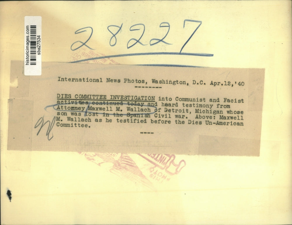 1940 Press Photo Attorney Maxwell M Wallach at Dies Committee hearing in DC