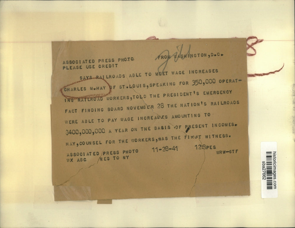 1941 Press Photo Charles Hay says Railroad workers able to get wage increases