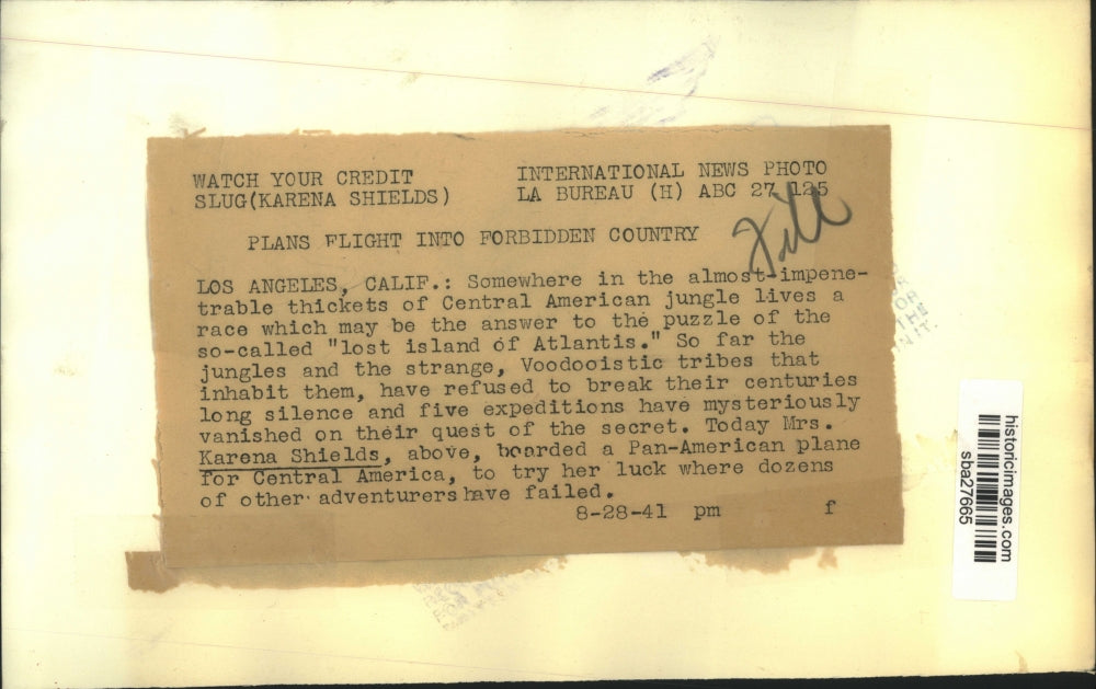 1941 Press Photo Karen Shields to search for Atlantis in Central America