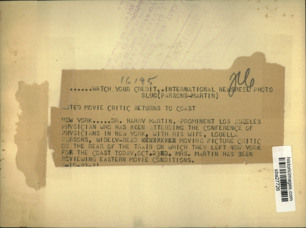 1931 Press Photo Dr Harry Martin and hid wife Louella board train to Los Angeles