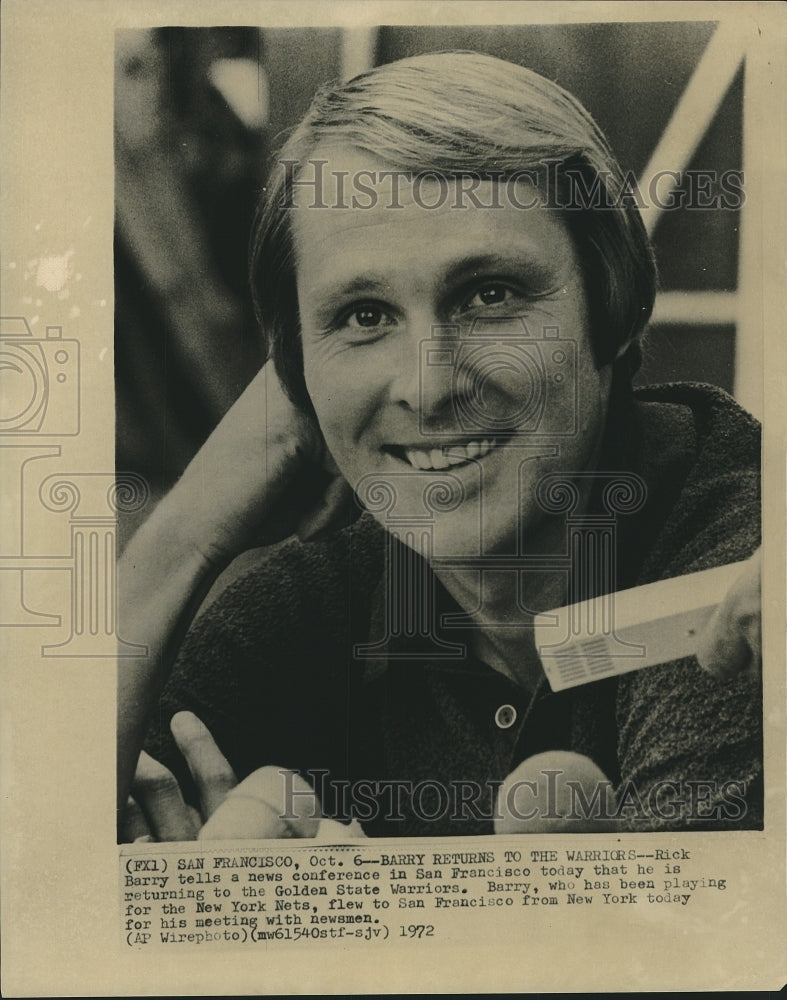 1972 Press Photo Rick Barry says he&#39;s returning to Golden State Warriors- Historic Images