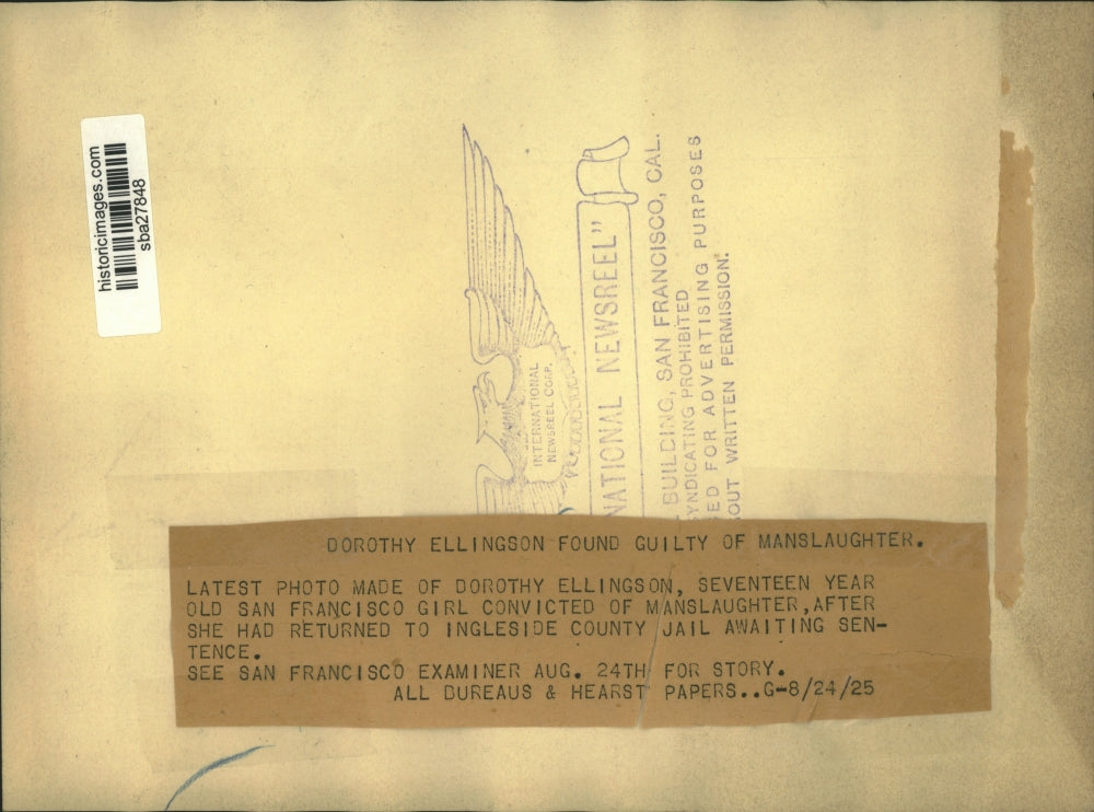 1925 Press Photo Dorothy Ellington, San Francisco girl convicted of manslaughter