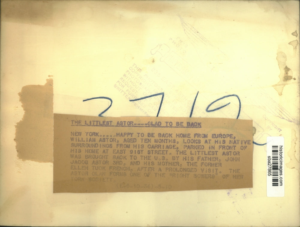 1936 Press Photo William Astor age 10 months returned to NYC from Europe